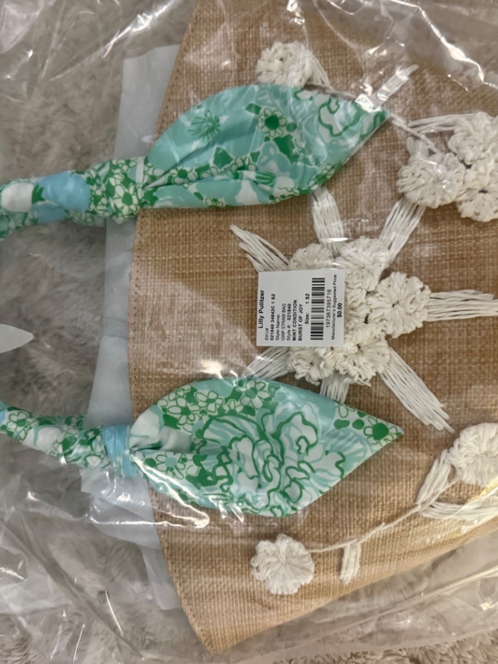Lilly Pulitzer Natural Straw Tote with Green & Aqua Scarf Handles - Picture 2 of 3